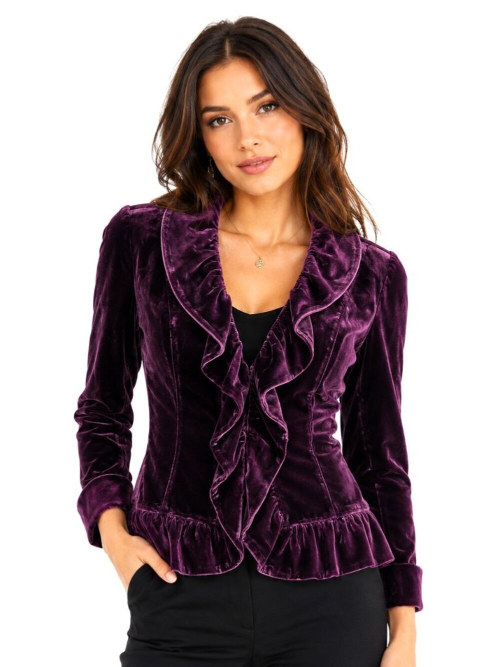 Saks Fifth Avenue Purple Silk Velvet Ruffled Jacket
